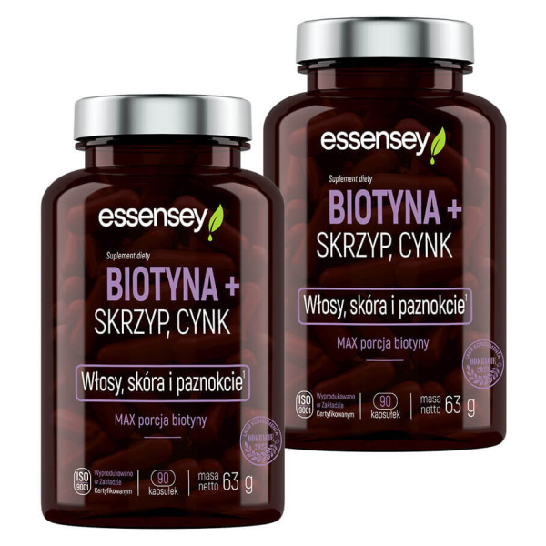 Essensey Biotyna + Skrzyp + Cynk Włosy, skóra i paznokcie 2 x 90 kaps.