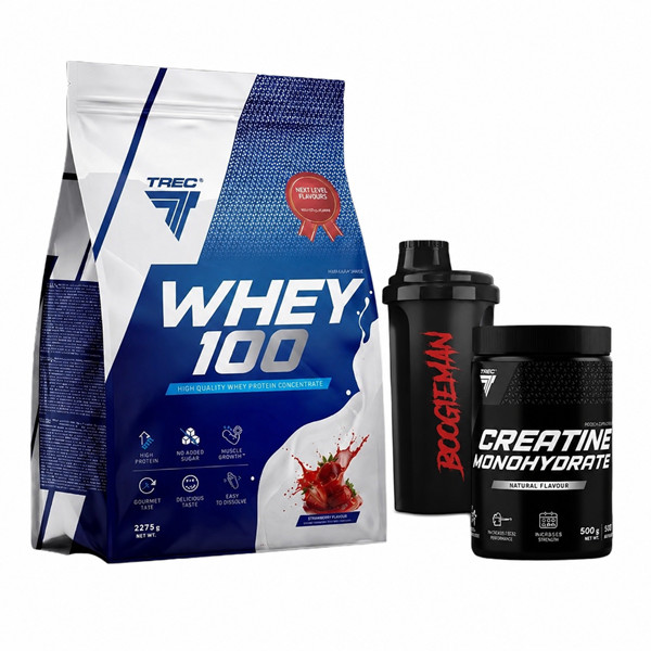 Trec Whey 100 2275g + Creatine Monohydrate 500g + Shaker Boogieman 700ml - zestaw na start