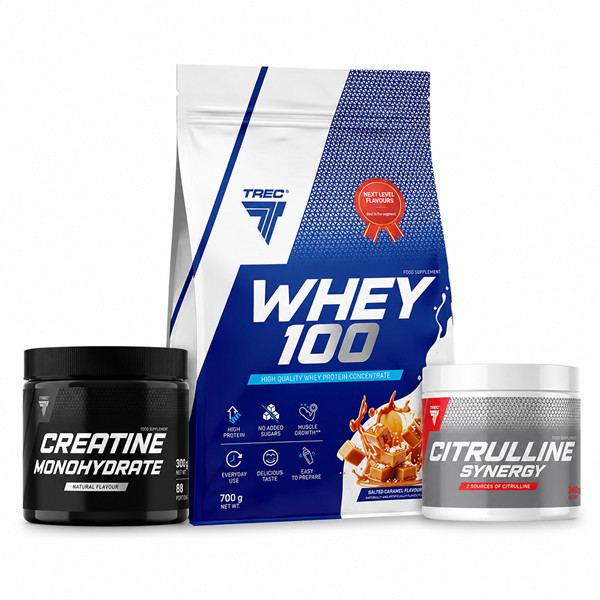 Trec Whey 100 700g + Creatine Monohydrate 300g + Citrulline Synergy 240g - zestaw na siłę i masę