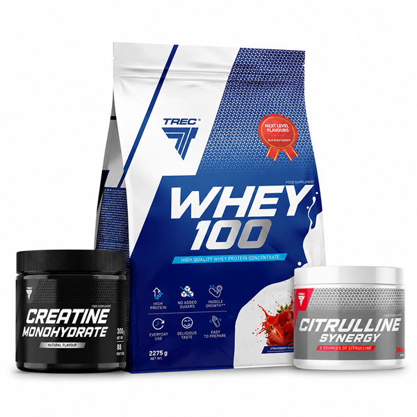 Trec Whey 100 2275g + Creatine Monohydrate 300g + Citrulline Synergy 240g - zestaw na siłę i masę
