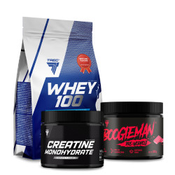 Trec Whey 100 700g + Creatine Monohydrate 300g + Boogieman 300g - zestaw okołotreningowy