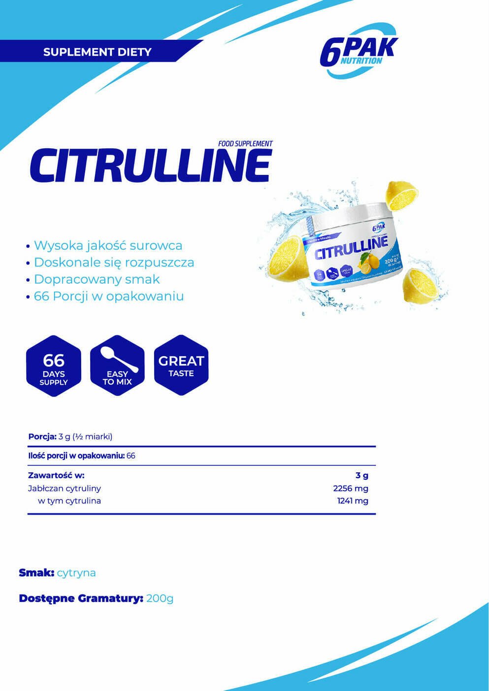 6PAK Nutrition Citrulline Jabłczan Cytruliny - 200g