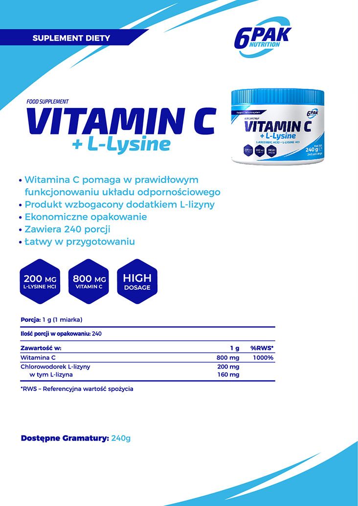 6PAK Nutrition Vitamin C + L-Lysine - 240g