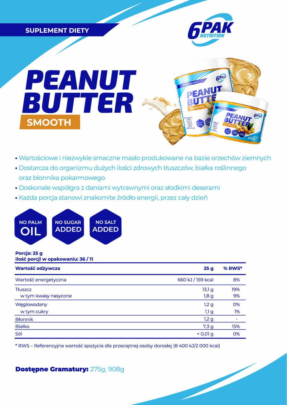 6PAK Nutrition Peanut Butter Smooth - 275g