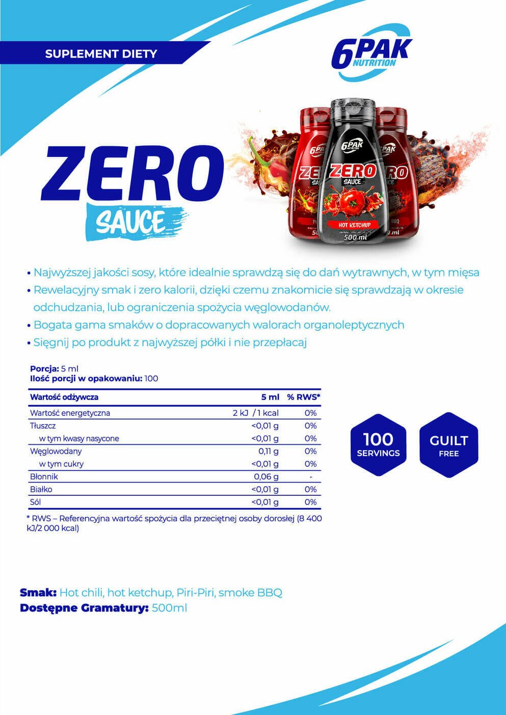 6PAK Nutrition Sauce ZERO Piri-Piri - 500ml